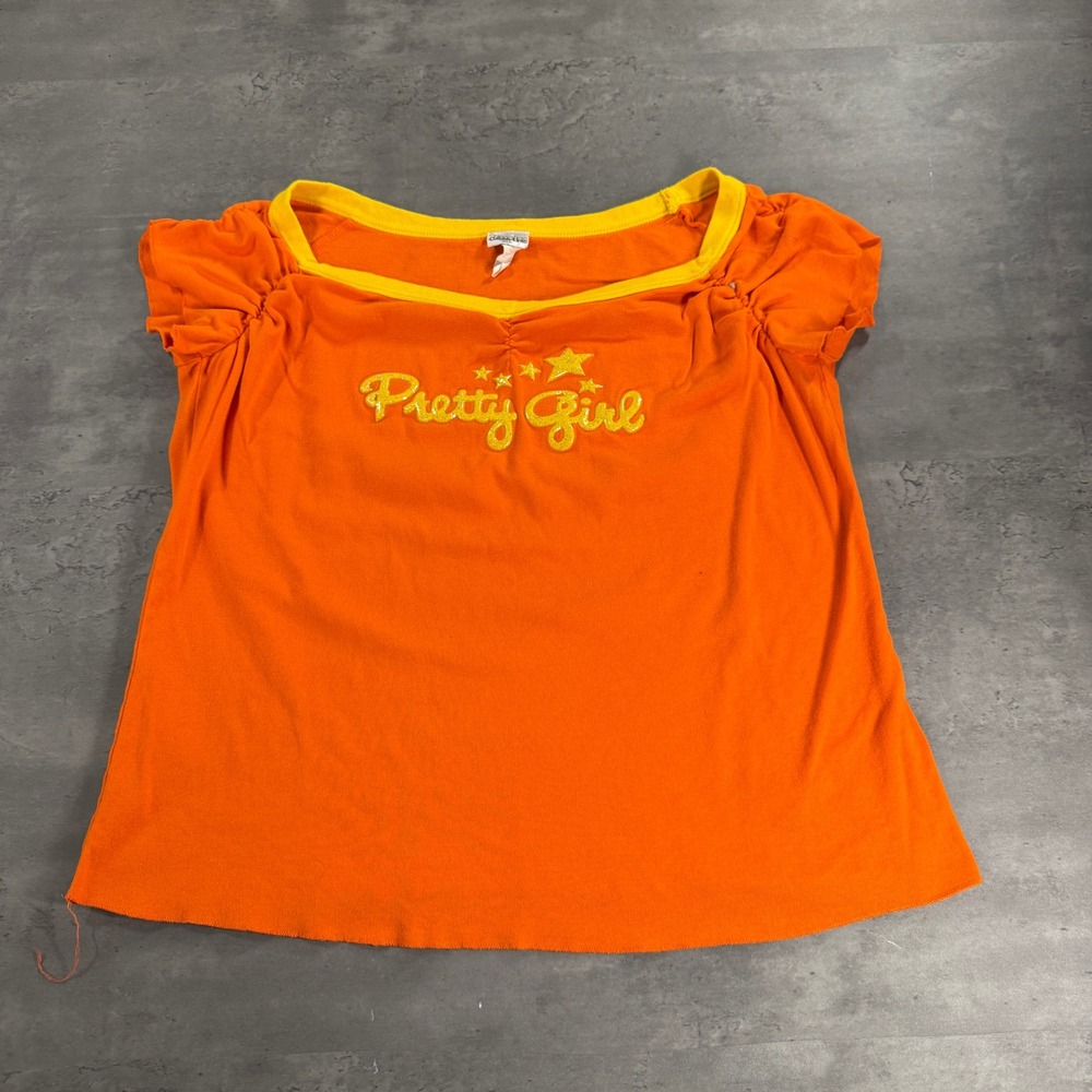 Vintage USA Pretty Girl Graphic Top Womens 1XL Orange Y2K Ringer Cap Sleeve Tee